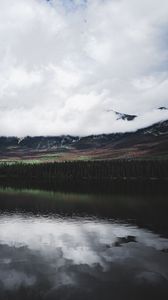 Preview wallpaper lake, forest, trees, mountains, clouds, reflection