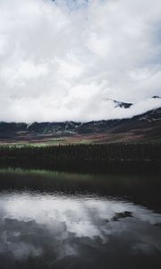 Preview wallpaper lake, forest, trees, mountains, clouds, reflection