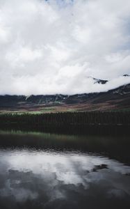 Preview wallpaper lake, forest, trees, mountains, clouds, reflection