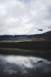 Preview wallpaper lake, forest, trees, mountains, clouds, reflection