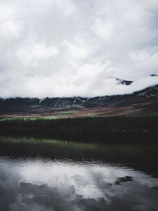 Preview wallpaper lake, forest, trees, mountains, clouds, reflection
