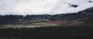 Preview wallpaper lake, forest, trees, mountains, clouds, reflection