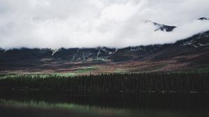 Preview wallpaper lake, forest, trees, mountains, clouds, reflection