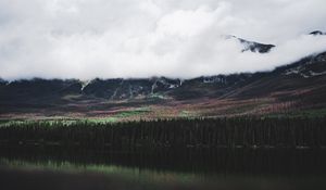 Preview wallpaper lake, forest, trees, mountains, clouds, reflection
