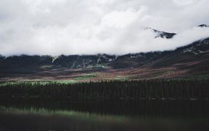 Preview wallpaper lake, forest, trees, mountains, clouds, reflection