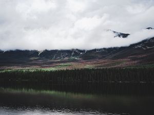 Preview wallpaper lake, forest, trees, mountains, clouds, reflection