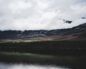 Preview wallpaper lake, forest, trees, mountains, clouds, reflection