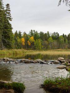 Preview wallpaper lake, forest, trees, autumn, stone