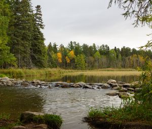 Preview wallpaper lake, forest, trees, autumn, stone