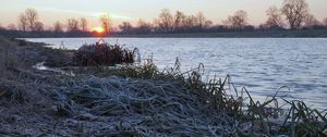 Preview wallpaper lake, frost, hoarfrost, grass, dawn