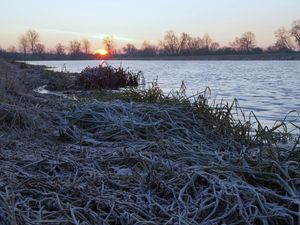 Preview wallpaper lake, frost, hoarfrost, grass, dawn