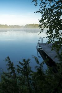 Preview wallpaper lake, grass, fog, pier, nature, trees