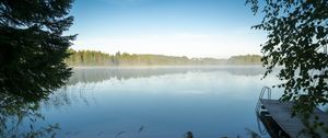 Preview wallpaper lake, grass, fog, pier, nature, trees