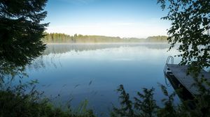 Preview wallpaper lake, grass, fog, pier, nature, trees