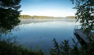 Preview wallpaper lake, grass, fog, pier, nature, trees