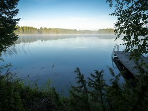 Preview wallpaper lake, grass, fog, pier, nature, trees