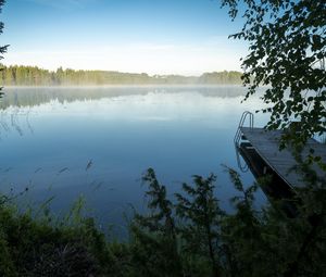 Preview wallpaper lake, grass, fog, pier, nature, trees