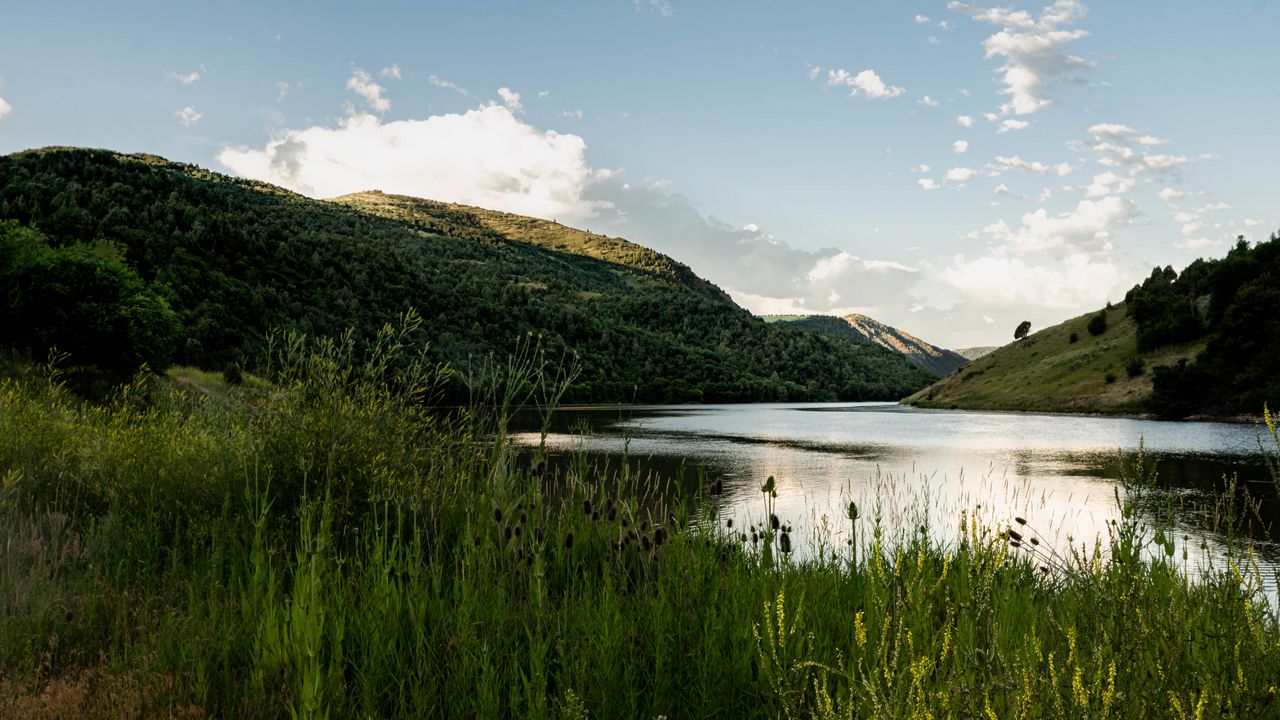 Wallpaper lake, grass, hill, water, sky