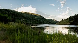 Preview wallpaper lake, grass, hill, water, sky