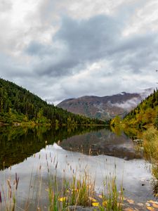 Preview wallpaper lake, grass, mountains, forest, valley