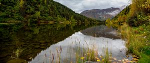 Preview wallpaper lake, grass, mountains, forest, valley