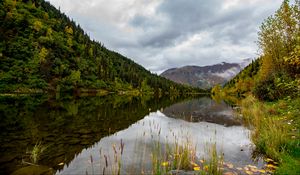 Preview wallpaper lake, grass, mountains, forest, valley