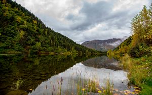 Preview wallpaper lake, grass, mountains, forest, valley