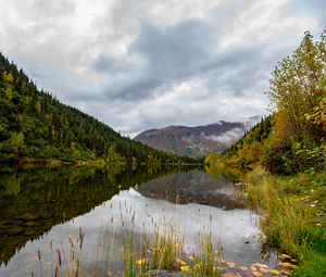 Preview wallpaper lake, grass, mountains, forest, valley