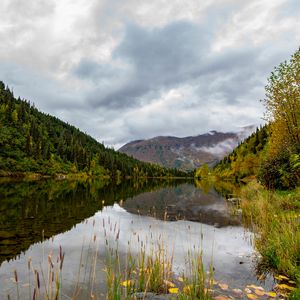 Preview wallpaper lake, grass, mountains, forest, valley