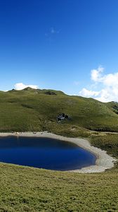 Preview wallpaper lake, grass, mountains, peak