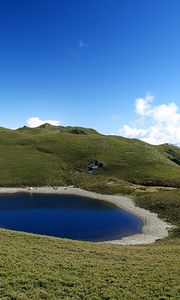 Preview wallpaper lake, grass, mountains, peak