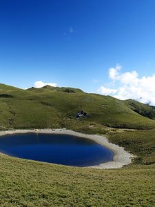 Preview wallpaper lake, grass, mountains, peak