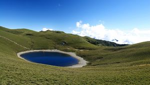 Preview wallpaper lake, grass, mountains, peak