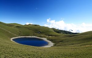 Preview wallpaper lake, grass, mountains, peak