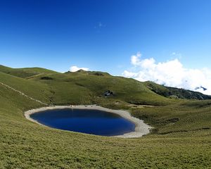 Preview wallpaper lake, grass, mountains, peak