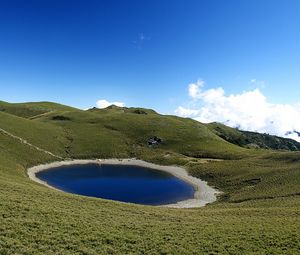 Preview wallpaper lake, grass, mountains, peak