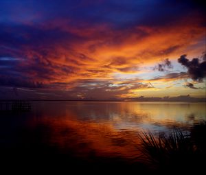 Preview wallpaper lake, grass, sky, clouds, sunrise, dark