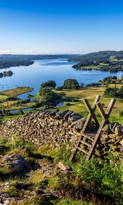 Preview wallpaper lake, grass, structure, wall, landscape