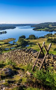 Preview wallpaper lake, grass, structure, wall, landscape
