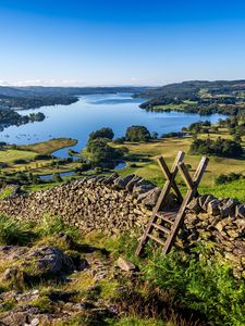 Preview wallpaper lake, grass, structure, wall, landscape
