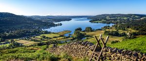 Preview wallpaper lake, grass, structure, wall, landscape