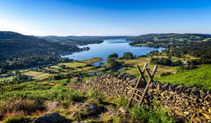 Preview wallpaper lake, grass, structure, wall, landscape