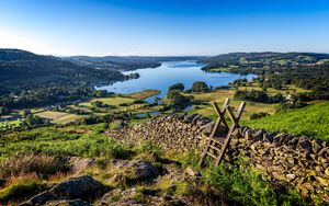 Preview wallpaper lake, grass, structure, wall, landscape