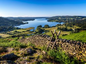 Preview wallpaper lake, grass, structure, wall, landscape