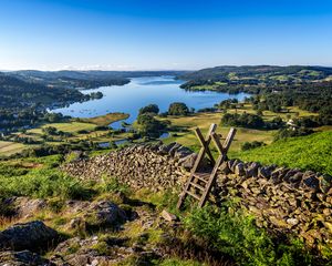 Preview wallpaper lake, grass, structure, wall, landscape
