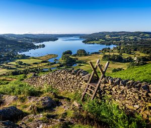 Preview wallpaper lake, grass, structure, wall, landscape