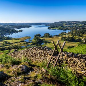 Preview wallpaper lake, grass, structure, wall, landscape