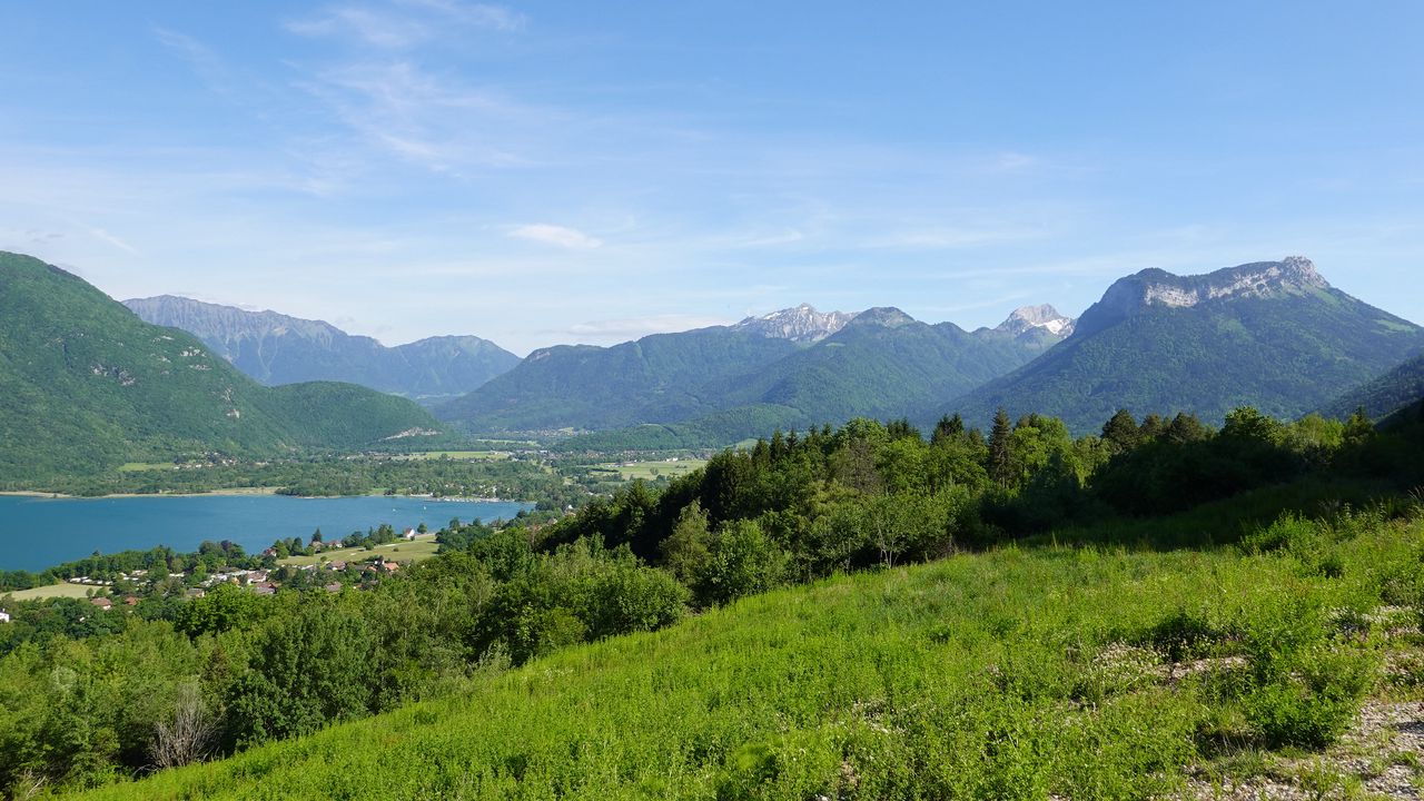Wallpaper lake, hills, bushes, mountains, grass