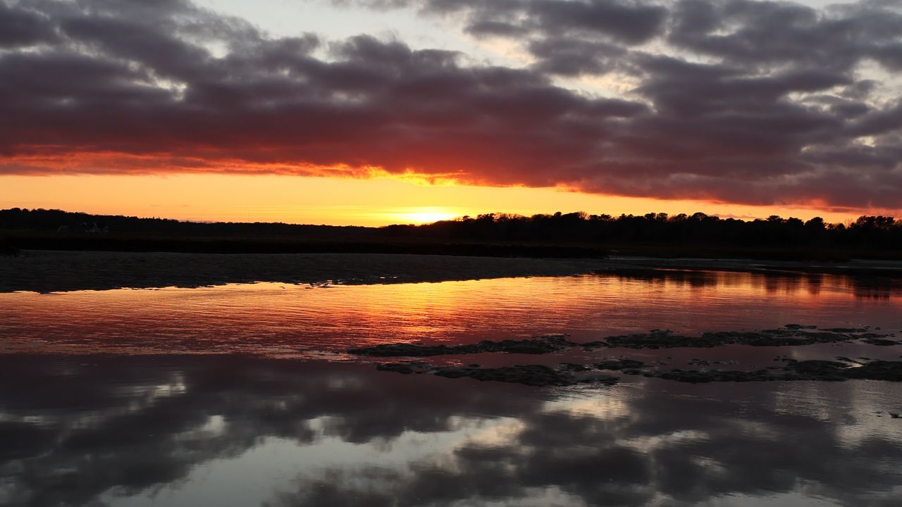 Wallpaper lake, hills, clouds, sunset
