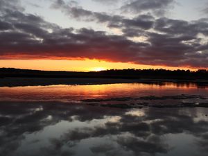 Preview wallpaper lake, hills, clouds, sunset